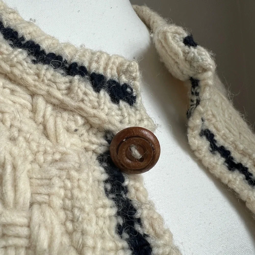 Vintage Chunky Cardigan Sweater Cream Basketweave Hand Knit Button Up Oversized